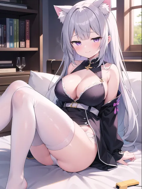 Big Breasts,High resolution,One Girl,Sitting,Long Hair,purplish gray hair,whole body,Cat ear,Purple eyes,White underwear only,Embarrassed,Big Eyes,smile