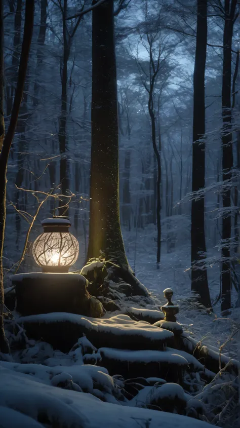 "A mystical nighttime forest deep in the heart of Japan, where an ethereal glow subtly illuminates the scene. The forest floor is a blend of natural textures, covered in patches of scattered snow that shimmer faintly under the soft light. The central groun...