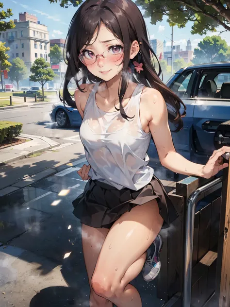 Anime - Illustration of a woman in sleeveless white T-shirt, ultra micro skirt:1.5, anime character, official character art, neat and serious, full body, female anime girl, Posing:1.5, dark long hair, parted bangs, glasses, (Tanned:1.0), Looking at camera,...