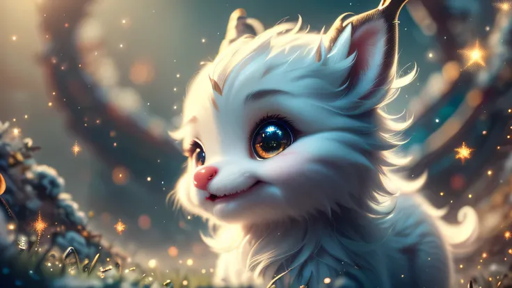 Magical Fantasy Creature, (Best Quality, Masterpiece, Representative Work, Official Art, Professional, Super Detailed, 8k:1.3), (Photorealism:1.2) Super Cute, Big Eyes, Soft, Soft Nose, Fluffy, Double-Toothed Smile, Aurorastyle, Highly detailed Dynamic sho...