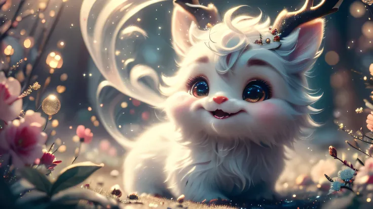 Magical Fantasy Creature, (Best Quality, Masterpiece, Representative Work, Official Art, Professional, Super Detailed, 8k:1.3), (Photorealism:1.2) Super Cute, Big Eyes, Soft, Soft Nose, Fluffy, Double-Toothed Smile, Aurorastyle, Highly detailed Dynamic sho...