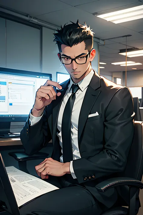 40-year-old male,  Very short spiked hair , Black-haired,  Japanese ，  Sam with black framed glasses ，  forehead sticking out ， single eyelid, Strict expression at work ， Green suit with white shirt and tie ， Slim and tall body ， Crossing legs while lookin...