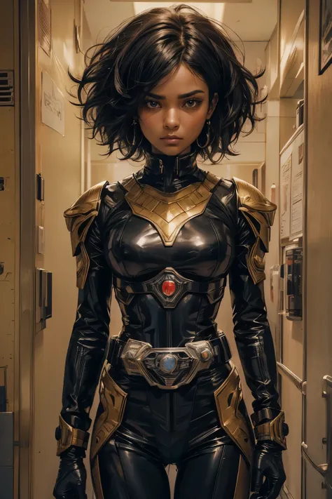 A beautiful woman. Detailed drawing of the face. Black hair. brown skin color. Twenty-five years old. She is looking at the camera with an angry expression. She wears a black metallic battle uniform. There is something on his waist that is reminiscent of K...