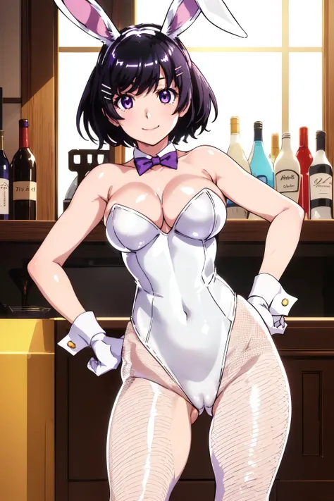 (masterpiece), (Highest quality), (High resolution), (detailed),(Hanekawa) One girl, Purple eyes, Black Hair, hort hair, Hair Clip, View your viewers, smile, (Large Breasts), (skinny body: 1.3), (white fake rabbit ears), (white playboy bunny), (shiny: 1.5)...