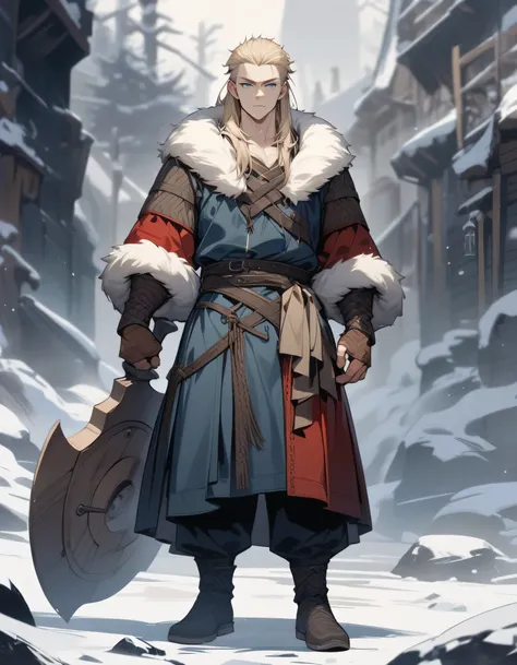 (digital art) (masterpiece) (best quality) (perfect anatomy), young male, wearing viking style winter clothing, pale blonde hair, blue eyes, looking at camera, hair shaved on sides, shoulder length hair, male, 1guy, clean shaven, viking warrior, strong, fu...