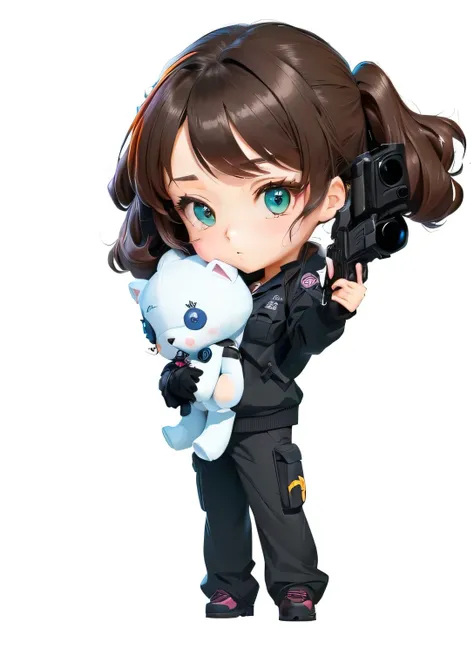 A cute girl with a gun and a plush doll, anime style, holding a gun, K.O. cartoon character, adorable anime, 4k anime wallpaper, cute art, anime moe style, high quality fanart, K.O. anime girl, claymation style, kawaii police squad, advanced digital painti...