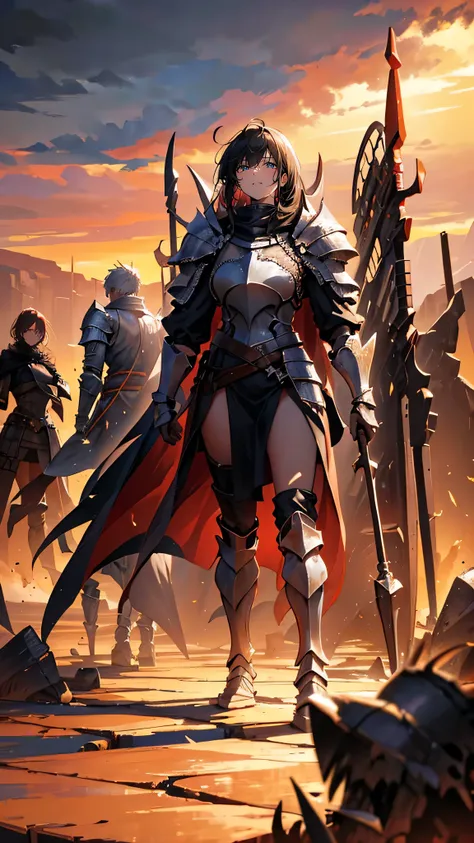 “A vast, desolate wasteland stretching out in all directions, the ground cracked and dry beneath a harsh, burning sun. Two figures, a battle-worn knight and a fierce female mercenary, stand back-to-back, surrounded by the remains of a recent battle. Their ...