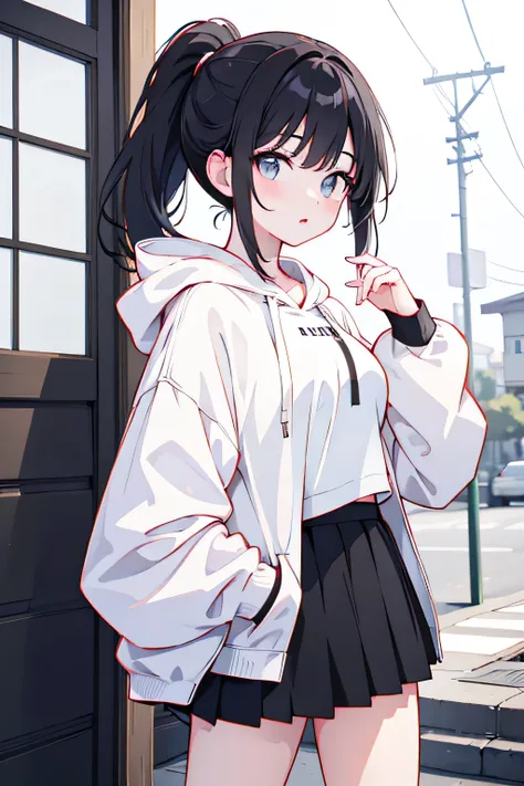 Illustration of a beautiful white-skinned Japanese girl with black hair and a ponytail wearing a white hoodie and black skirt