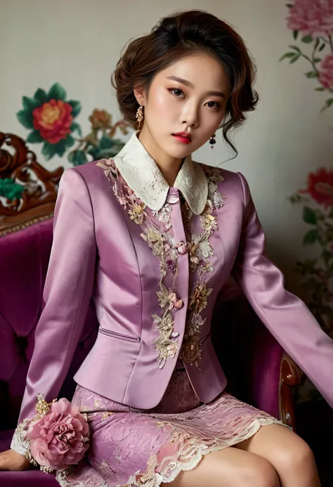 Best quality,  A Korean man is wearing a ladys skirt suit, Vintage skirt suit ,  Hes a female man ,  He has big breasts like a woman , A voluminous, feminine body,  His face is very masculine ,  His hair is masculine short , mauve, gorgeous luxury lady cos...