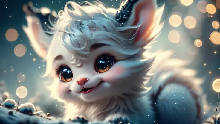 Magical Fantasy Creature, (Best Quality, Masterpiece, Representative Work, Official Art, Professional, Super Detailed, 8k:1.3), (Photorealism:1.2) Super Cute, Big Eyes, Soft, Soft Nose, Fluffy, Double-Toothed Smile, Aurorastyle, Highly detailed Dynamic sho...