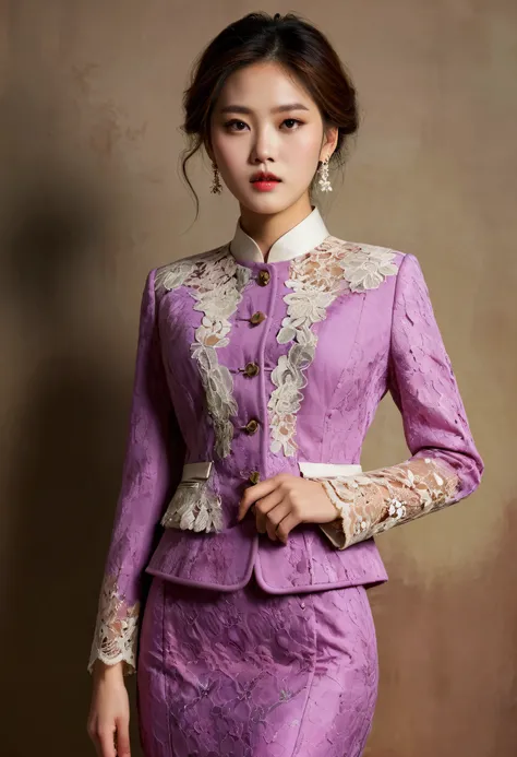 Best quality,  A Korean man is wearing a ladys skirt suit, Vintage skirt suit ,  Hes a female man ,  He has big breasts like a woman , A voluminous, feminine body,  His face is very masculine ,  His hair is masculine short , mauve, gorgeous luxury lady cos...