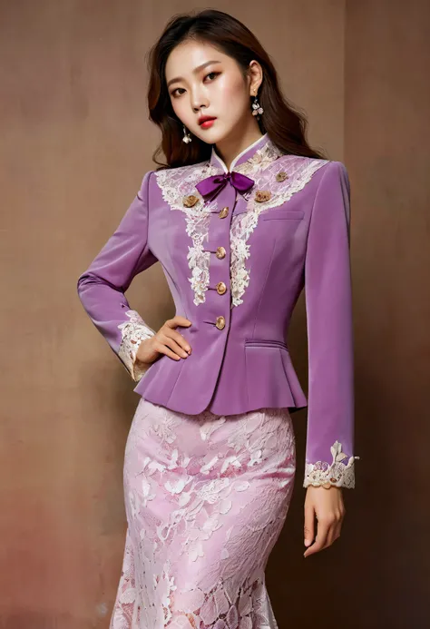 Best quality,  A Korean man is wearing a ladys skirt suit, Vintage skirt suit ,  Hes a female man ,  He has big breasts like a woman , A voluminous, feminine body,  His face is very masculine ,  His hair is masculine short , mauve, gorgeous luxury lady cos...