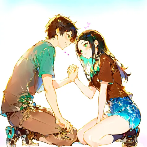 anime couple sitting on the ground touching hands with hearts, couple pose, high quality fanart, boy and girl, sakimichan and makoto shinkai, kawacy, lovely couple, guweiz and makoto shinkai, anime pose, by Shitao, cute anime, hugging her knees, makoto shi...