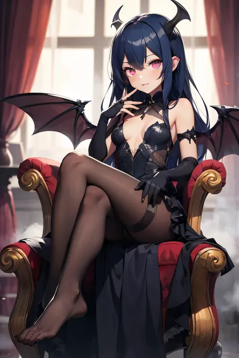 ((best quality)), ((masterpiece)), (detailed), 1 girl, loli, petite, short girl, succubus, dark blue hair, long hair, straight hair, pink eyes, heart eyes, flat chest, enchanting legs, dark succubus wings, dark succubus tail, half curved horns, dark gown, ...