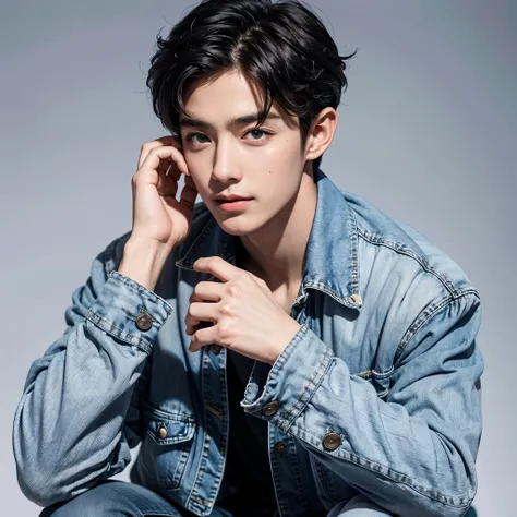 white background 、 Japanese、modern、 Denim Jacket Outfit 、 Handsome Like an Actor 、 looking at camera、Hands on his neck、 stylish pose that looks great on Instagram、 slightly shy expression、sweet face 、 Atmosphere Women Can Have 、20-year-old male、 black hair...