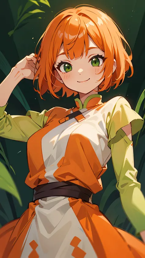  orange clothes 、 orange hair、 bob cut 、Beautiful green eyes、wicked smile、 upper body closeup without left arm