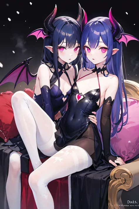 Short, loli, petite, succubus, human traits, young appearance, fair snow white skin, long dark blue hair, straight hair, m bangs, pink eyes, heart eyes, dark half curved horns, dark succubus wings, dark succubus tail, flat chest, curvy body, enchanting leg...