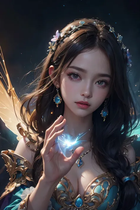 ((Masterpiece)), ((Best Quality)), Ultra detailed CG illustration, Dynamic lighting, Create a stunning fantasy artwork, The art piece should contain elements of both mythic fantasy and fairytale fantasy with Dreamy rainbow accents, Hair blowing in the Fant...