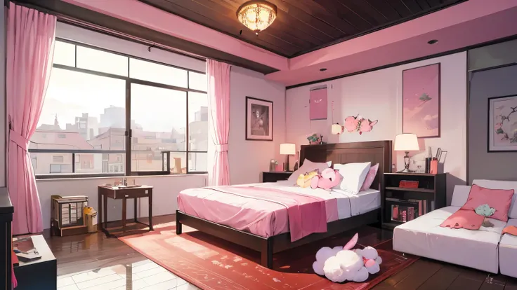 The pink girls room，Rabbit Doll，Pink，dream，Carrots，Floor-to-ceiling windows，landscape，No people，dream，粉色dream，Bed
