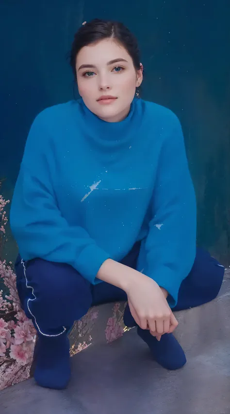   woman sitting in a blue sweater,  extreme detail ,  highest quality,  photographic photo,  masterpiece fails, beautiful blue sweater 