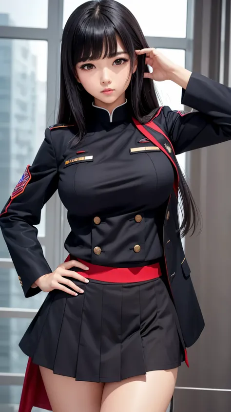 woman、Beautiful breasts、black髪、Heavy bangs、blackい瞳、 skirt、 combat uniform、Navy Uniform、white、black、red、Put your hands on your hips and take a pose、