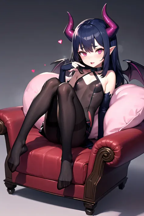 ((best quality)), ((masterpiece)), (detailed), 1 girl, loli, short girl, petite body, succubus, snow white skin, long hair, dark blue hair, straight hair, M bangs, flat chest, pink eyes, heart eyes, enchanting legs, dark gown, dark succubus wings, dark suc...