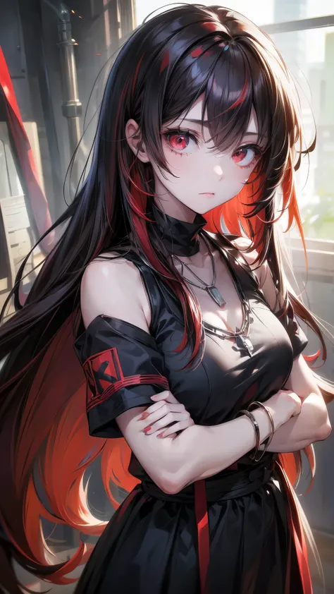  are of the best quality, Detailed , Chromatic Aberration,  1 girl,  long hair,  dark haired,  messy hair,  Red highlights ,  hair covering one eye,  red eyes ,  sharp eyes , necklace,, , armband,  Please put your hands behind your back , arm,  