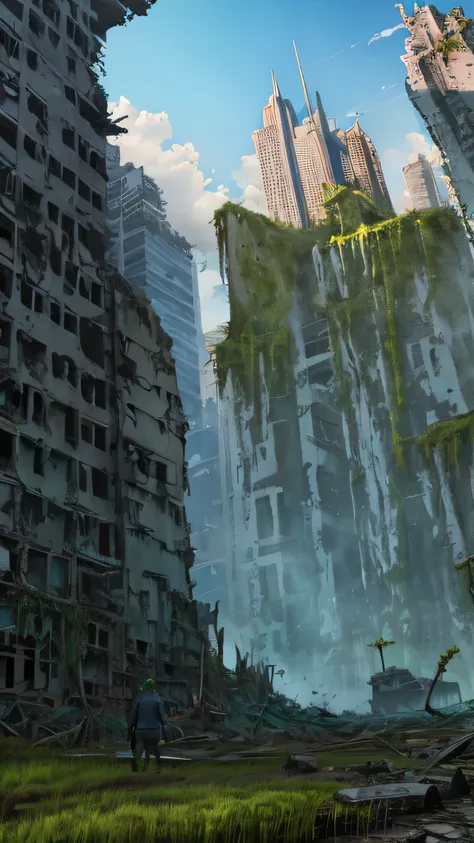 Masterpiece, high detail, 8K resolution, ConceptArt, scenery, day, blue sky, outdoors, ((ruined civilization buildings)), nature, ((1boy)), he is wearing rugged cloth, walking on the broken street and venturing into the now ruined city, skyscrapers, lookin...