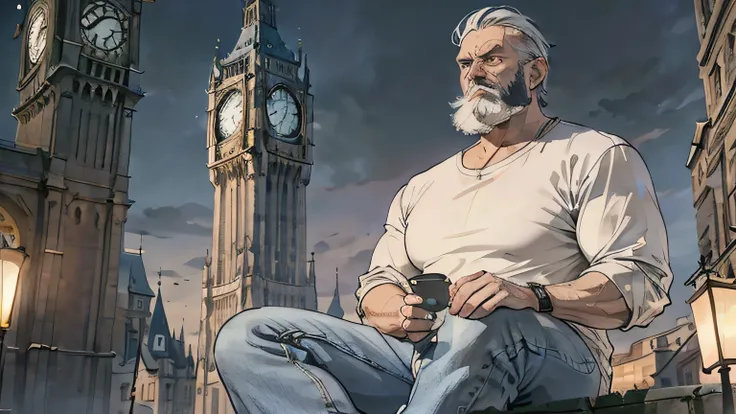 masterpicece, best quaility, night, clear sky, European architectural style, clock tower, old man, muscular, Wearing a white shirt and jeans, silver hair, silver beard, sitting on the clock tower, looking at the city, city ​​of warm colors, Color that spre...