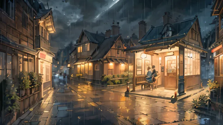 masterpicece, best quaility, night, clear sky, European architectural style, bus stop, Its raining, Putting an umbrella on a , warm atmosphere, fantasic, landscape