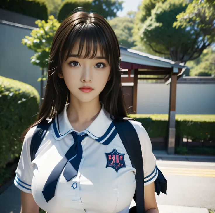 8K quality,  Masterpiece,  bright and artistic lighting,  super real , Residential Street,  one girl, brunette with bangs , (High school girl in uniform), (High chest position:1.3), (Big Breasts:1.3), From the chest up, JK, ( red ribbon tie), (Bright blue ...