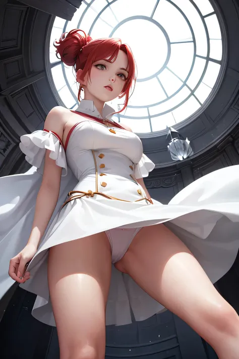 "Portrait of Alicia, a young sorceress with RED updo hair, white dress,(panty shot), (((photo taken from below))),(mini-skirt), strong winds,raise one leg,invoke magic,arena,Serious expression,(spreading legs)