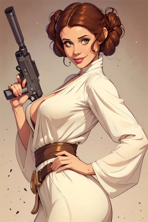 (cartoon style:1.2), Cartoon Carrie Fisher very very beautiful is Leia organa with a little smile with a very beautiful sexy white dress very low cut of princess Leia with a very beautiful very generous chest with magnificent hair with a laser gun in hand ...