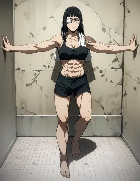 score_9, score_8_up, score_7_up,score_6_up,high resolution,source_anime,s0fiavalm3t,1girl,eyepatch,black hair,long hair,,dramatic shadow,full body,pov,suspended in air, tattoos on shoulder,wearing sport bra,black  Elastic fibers sport shorts,Barefoot,in ba...