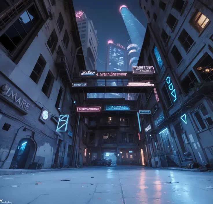 Looking up, high color saturation ,The camera is close to the ground , An alley with neon lights at night ,Low-lying ground , Realistic floor texture , An abandoned low building on both sides of the picture , A shabby low building , The outside of the buil...