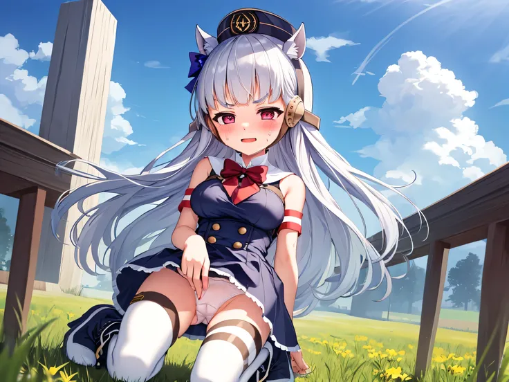 blue sky、grassland、nature、 ( top quality:1.2), Alone,  1 girl in uniform, umpd gold ship,[Hat type, V-shaped eyebrows,  Blue Maid Outfit, bow,  sleeveless,  white pantyhose ,  boots,  、 Kindergarten Mother、、、 s、 sの小さな体、blush、 embarrassed expression、Love ju...