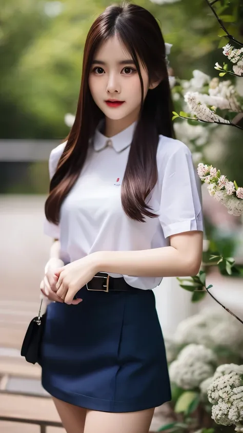 cute thai Chinese girl, solo, long hair, blue skirt, white shirt,black hair, ribbon, braid hair, belt, right hand, left hand, photo background ,high_resolution ,excellent, performance and top quality, hyper_detail ,8k,Realism, small breasts,tiny breasts,fl...
