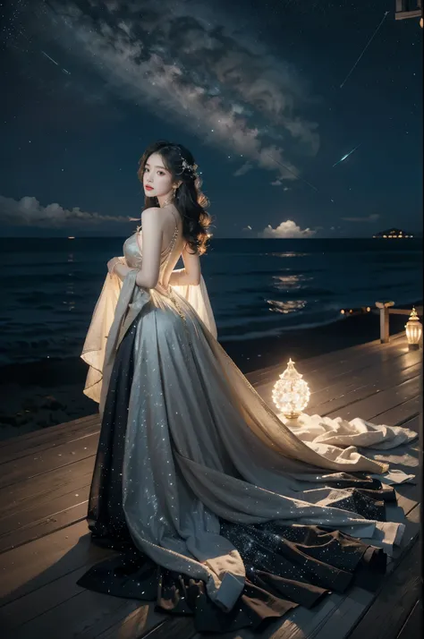  A Beautiful Girl , Gorgeous dress ,Sitting,On the Moon,Detailed background of the moon,Moon Goddess, beautiful celestial mage ,The beauty of heaven, Celestial Fairy, very beautiful fantasy art,8K high-definition detailed picture, Medium Length Straight Wa...