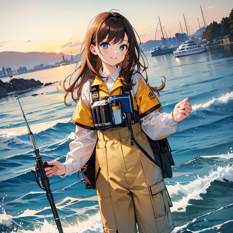 Masterpiece, top quality, ocean and bank, medium wide shot, fishing, woman with beautiful eyes, 20 years old, brown hair, smiling, fishing rod and reel, fishing gear, (life jacket with many yellow pockets), long sleeved work clothes, long pants, (employee ...