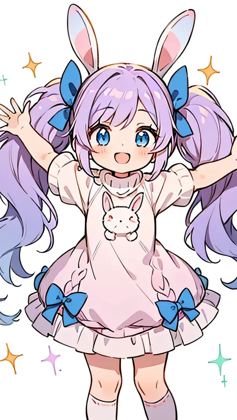 cheerful anime girl with long wavy lavender hair in loose twin tails, pastel blue ribbons, sparkling violet eyes, pastel pink oversized sweater with white bunny logo, white thigh-high socks, playful and inviting pose with arms stretched for a hug, warm hap...