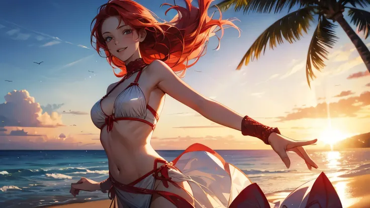 The background is the sunlit beach. The girl with red hair is dancing. She is wearing revealing sexy clothes. The girl is smiling on her white skin. Her gaze is looking straight ahead.