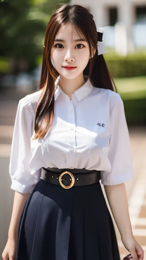 cute thai Chinese girl, solo, long hair, blue skirt, white shirt,black hair, ribbon, braid hair, belt, right hand, left hand, photo background ,high_resolution ,excellent, performance and top quality, hyper_detail ,8k,Realism, big breasts,Large breasts