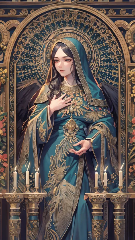 (( top quality)),( super high resolution),( super detailed),( detailed description ),(( best CG )),( Best Artwork ), Ultra Precision Art, Amazing Painting Art,(Exquisite art:1.5), Demonic, Our Lady, Black Robe, Twilight Candles 