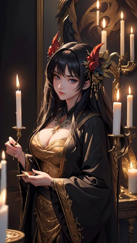 (( top quality)),( super high resolution),( super detailed),( detailed description ),(( best CG )),( Best Artwork ), Ultra Precision Art, Amazing Painting Art,(Exquisite art:1.5), Demonic, Our Lady, Black Robe, Twilight Candles 