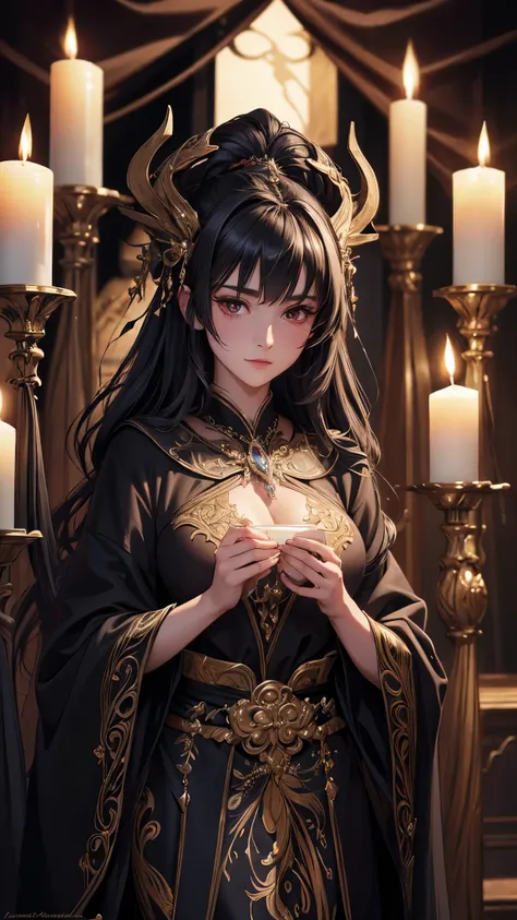 (( top quality)),( super high resolution),( super detailed),( detailed description ),(( best CG )),( Best Artwork ), Ultra Precision Art, Amazing Painting Art,(Exquisite art:1.5), Demonic, Our Lady, Black Robe, Twilight Candles 