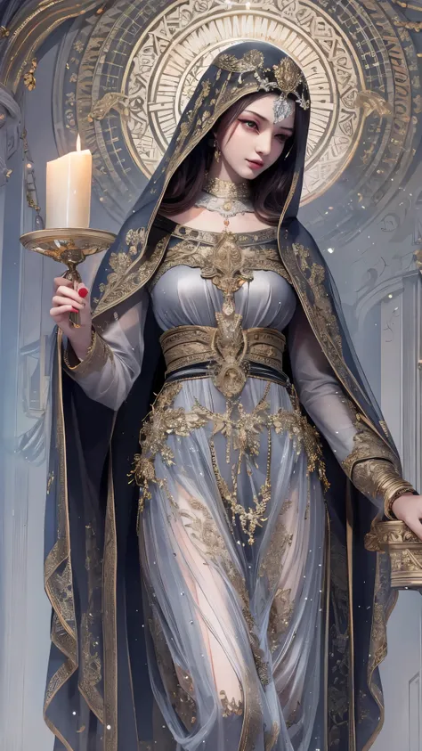 (( top quality)),( super high resolution),( super detailed),( detailed description ),(( best CG )),( Best Artwork ), Ultra Precision Art, Amazing Painting Art,(Exquisite art:1.5), Demonic, Our Lady, Black Robe, Twilight Candles 