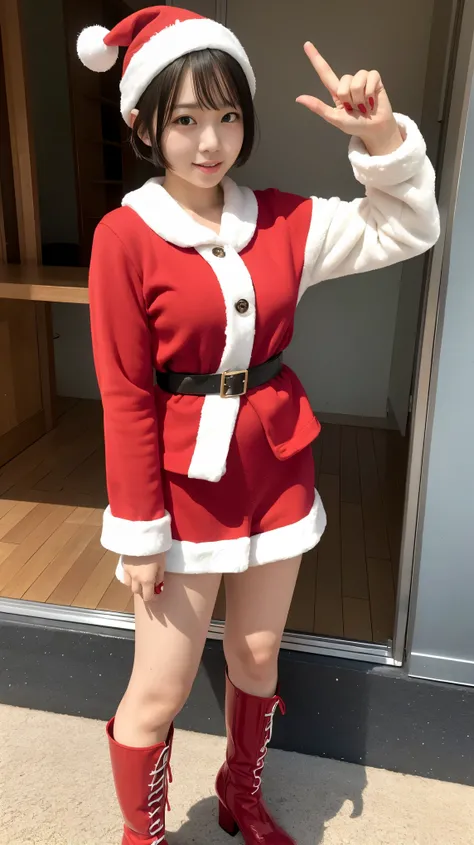 Young Japanese Woman、 short haired 、 Santa Claus costume、 miniskirt、 red boots、 show off the 