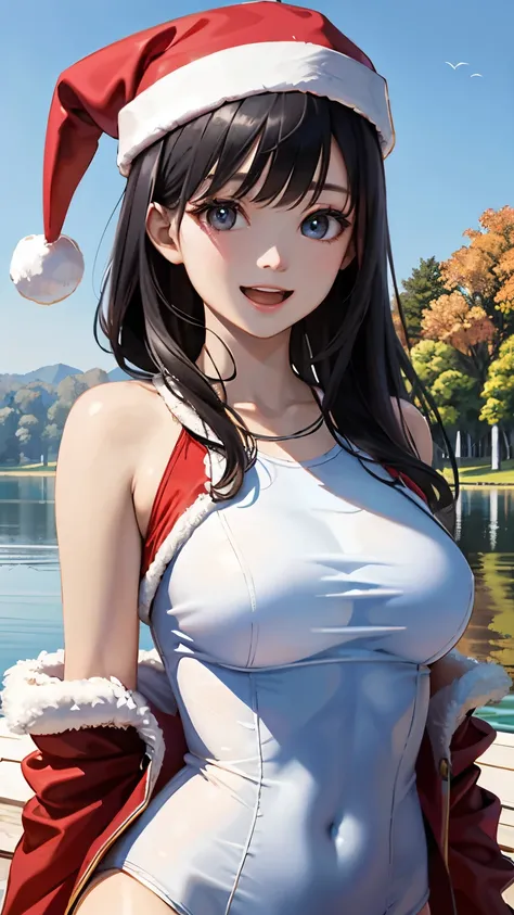 (1 person)、(((Black Hair)))、((whole body))、(((Santa outfit with front open)))、((Random Pause))、((At the summer lake in the grassland))、(((whole body)))、(Beautiful Japanese Women)、(Santa hat)、((Santa clothes))、 (Navy blue one-piece school swimsuit)、((Open m...