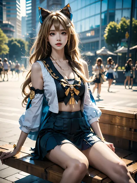 kirara cosplay costume, kirara, cosplay, blonde hair, long hair, hair ornament, sailor collar, crop top, detached sleeves, skirt, cat ears, cat tail, animal ears ,, A young woman sitting elegantly on a modern outdoor platform in a vibrant urban setting, Bi...