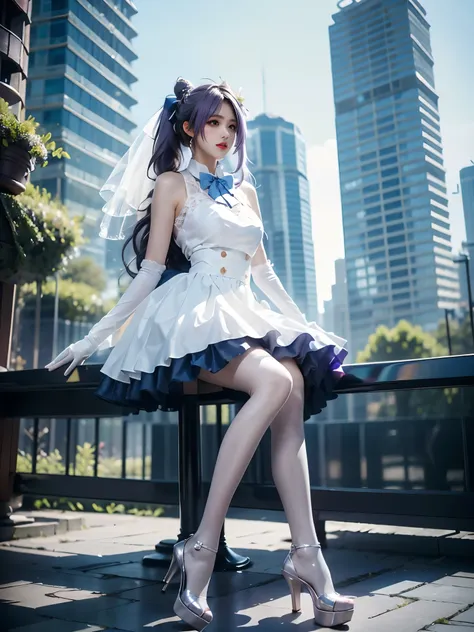 keqing cosplay costume, keqing, cosplay, alternate costume, purple hair, twintails, long hair, hair bun, cone hair bun, dress, white dress, wedding dress, sleeveless dress, frills, lace trim, gloves, white gloves, elbow gloves, bow, bowtie, flower, veil, b...